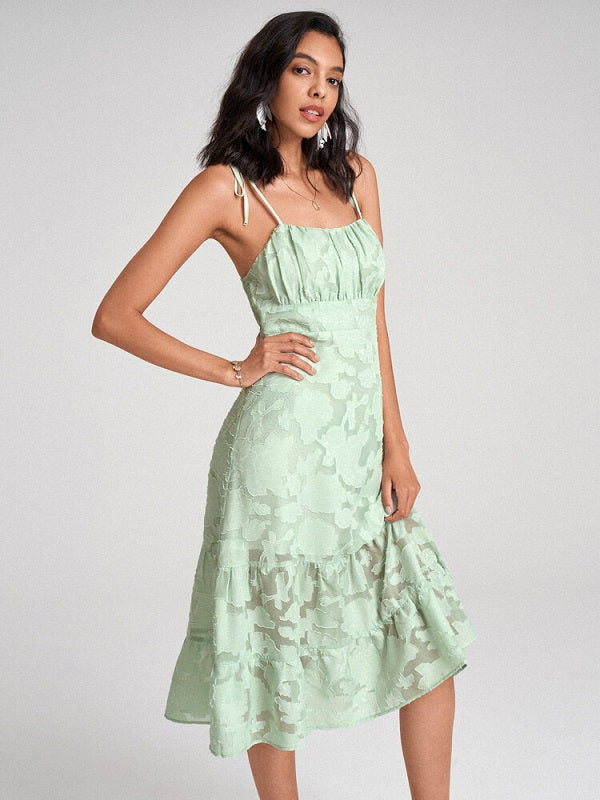 Open Back Tie Shoulder Strap High Waist Dress