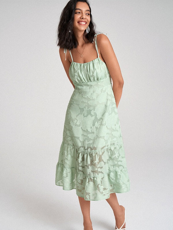 Open Back Tie Shoulder Strap High Waist Dress