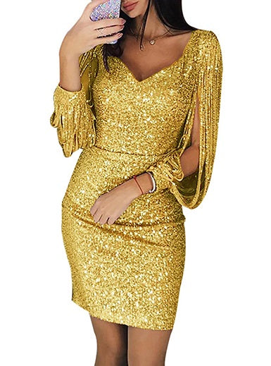 Open Design Sleeve Shimmering Mini Dress