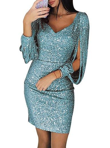 Open Design Sleeve Shimmering Mini Dress