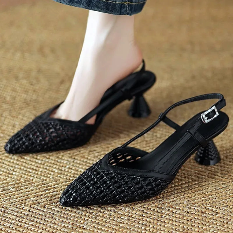 Openwork Weave Design Mid-Heel Mules Sandals Comfortable Ankle Strap High Heel