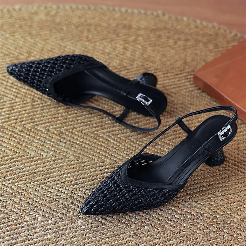 Openwork Weave Design Mid-Heel Mules Sandals Comfortable Ankle Strap High Heel