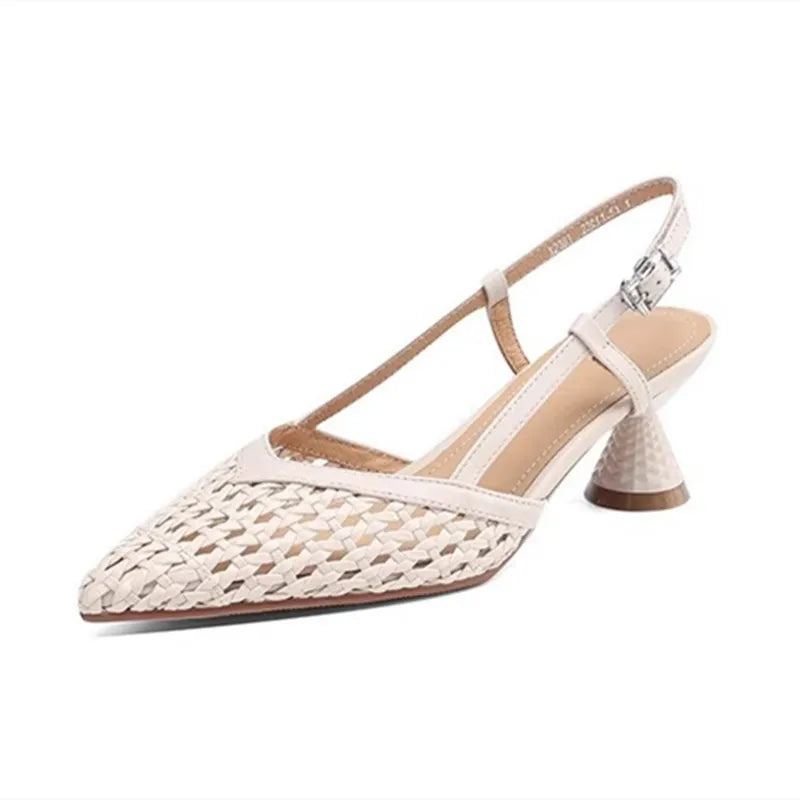 Openwork Weave Design Mid-Heel Mules Sandals Comfortable Ankle Strap High Heel