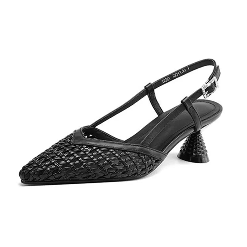 Openwork Weave Design Mid-Heel Mules Sandals Comfortable Ankle Strap High Heel