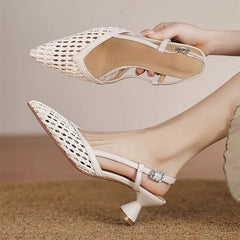 Openwork Weave Design Mid-Heel Mules Sandals Comfortable Ankle Strap High Heel