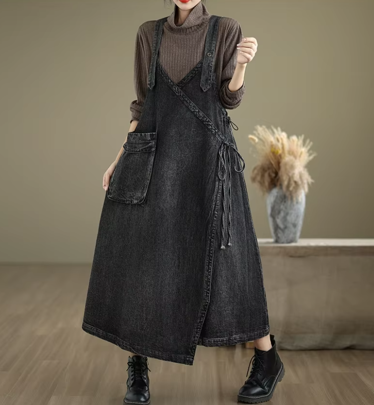 Solid Color V-neck Spaghetti Strap Spliced Large Pockets Loose Denim Dress
