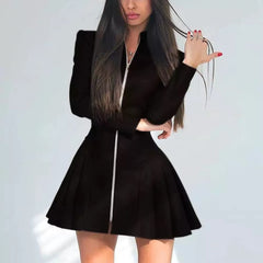 PU Leather Solid Color Stand Up Collar Long Sleeved Zipper Slim Fit Pleated Dress