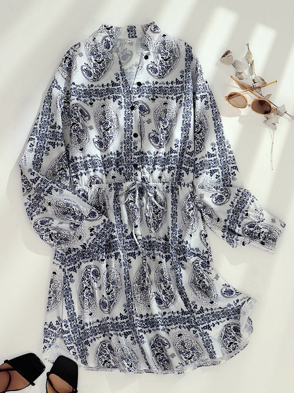 Paisley Print Long Sleeve Drawstring Button Bohemian Dress