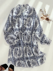 Paisley Print Long Sleeve Drawstring Button Bohemian Dress