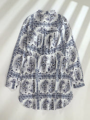 Paisley Print Long Sleeve Drawstring Button Bohemian Dress