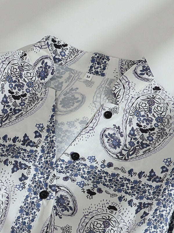 Paisley Print Long Sleeve Drawstring Button Bohemian Dress
