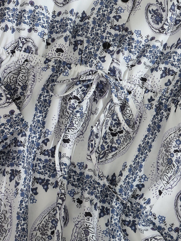 Paisley Print Long Sleeve Drawstring Button Bohemian Dress
