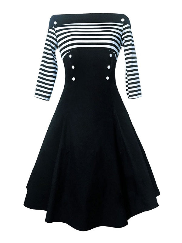 Party Dress Off Shoulder Stripes Button Front Swing Dresses