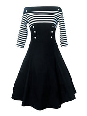 Party Dress Off Shoulder Stripes Button Front Swing Dresses