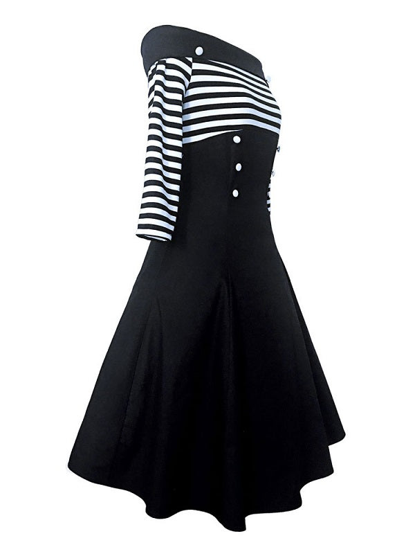 Party Dress Off Shoulder Stripes Button Front Swing Dresses