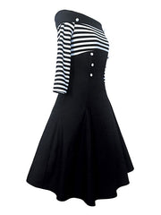 Party Dress Off Shoulder Stripes Button Front Swing Dresses