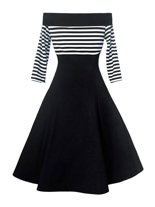 Party Dress Off Shoulder Stripes Button Front Swing Dresses