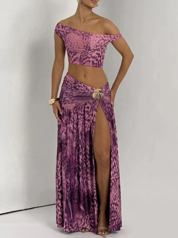 Patchwork 2 Piece Set Off Shoulder Crop Tops+Metal Flower Splits Long Skirts Elegant Style Suits