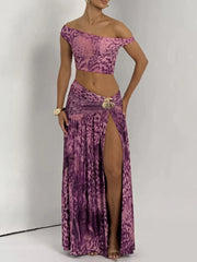 Patchwork 2 Piece Set Off Shoulder Crop Tops+Metal Flower Splits Long Skirts Elegant Style Suits