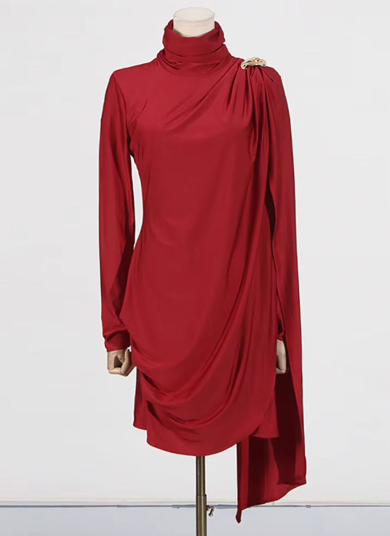 Patchwork Asymmetrical Draped Slim Turtleneck Long Sleeve Draped Mini Dresses