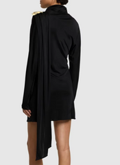 Patchwork Asymmetrical Draped Slim Turtleneck Long Sleeve Draped Mini Dresses