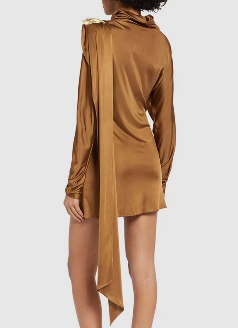 Patchwork Asymmetrical Draped Slim Turtleneck Long Sleeve Draped Mini Dresses