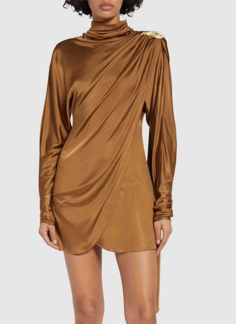 Patchwork Asymmetrical Draped Slim Turtleneck Long Sleeve Draped Mini Dresses