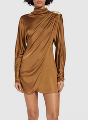 Patchwork Asymmetrical Draped Slim Turtleneck Long Sleeve Draped Mini Dresses