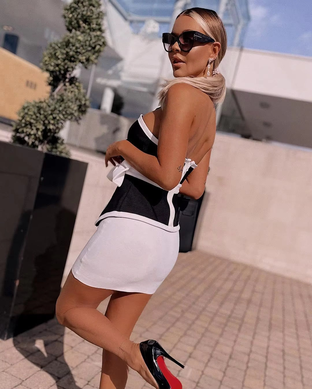 Patchwork Bandage Strapless Sleeveless Bow Top And Mini Skirt 2 Two Piece Set