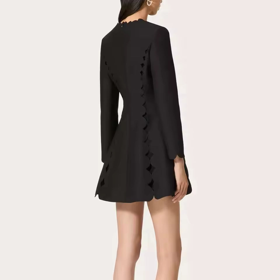 Patchwork Bowknot V Neck Long Sleeve High Waist Slimming Solid Mini Dress