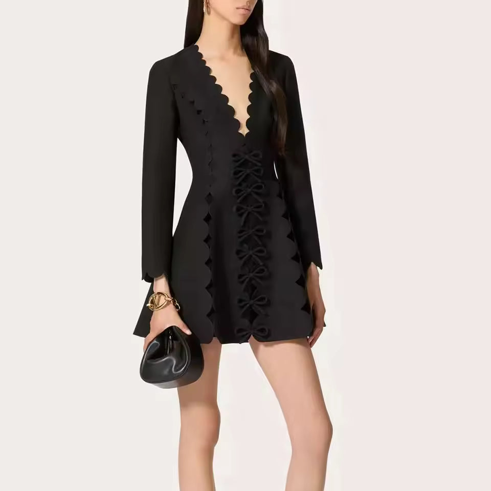 Patchwork Bowknot V Neck Long Sleeve High Waist Slimming Solid Mini Dress