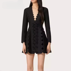 Patchwork Bowknot V Neck Long Sleeve High Waist Slimming Solid Mini Dress