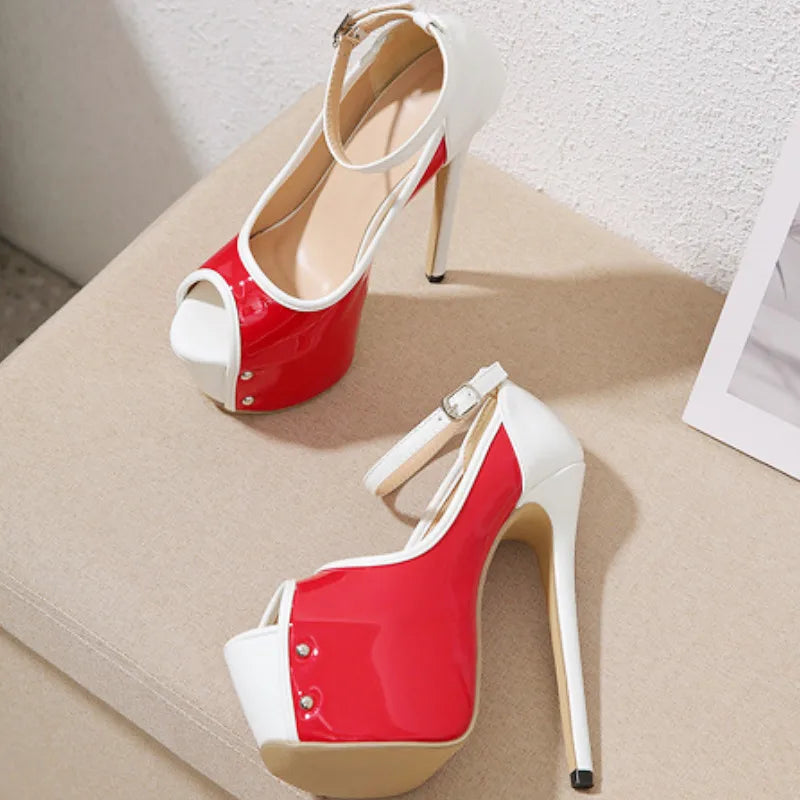 Patchwork Buckle Slide Sandals 16 Cm Super High Heel