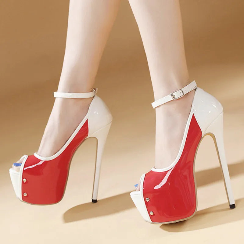 Patchwork Buckle Slide Sandals 16 Cm Super High Heel