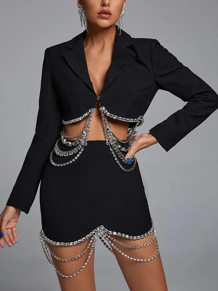Patchwork Chain Lapel Long Sleeve Chic Blazers High Waist Mini Skirt Solid Set