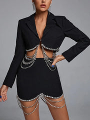 Patchwork Chain Lapel Long Sleeve Chic Blazers High Waist Mini Skirt Solid Set