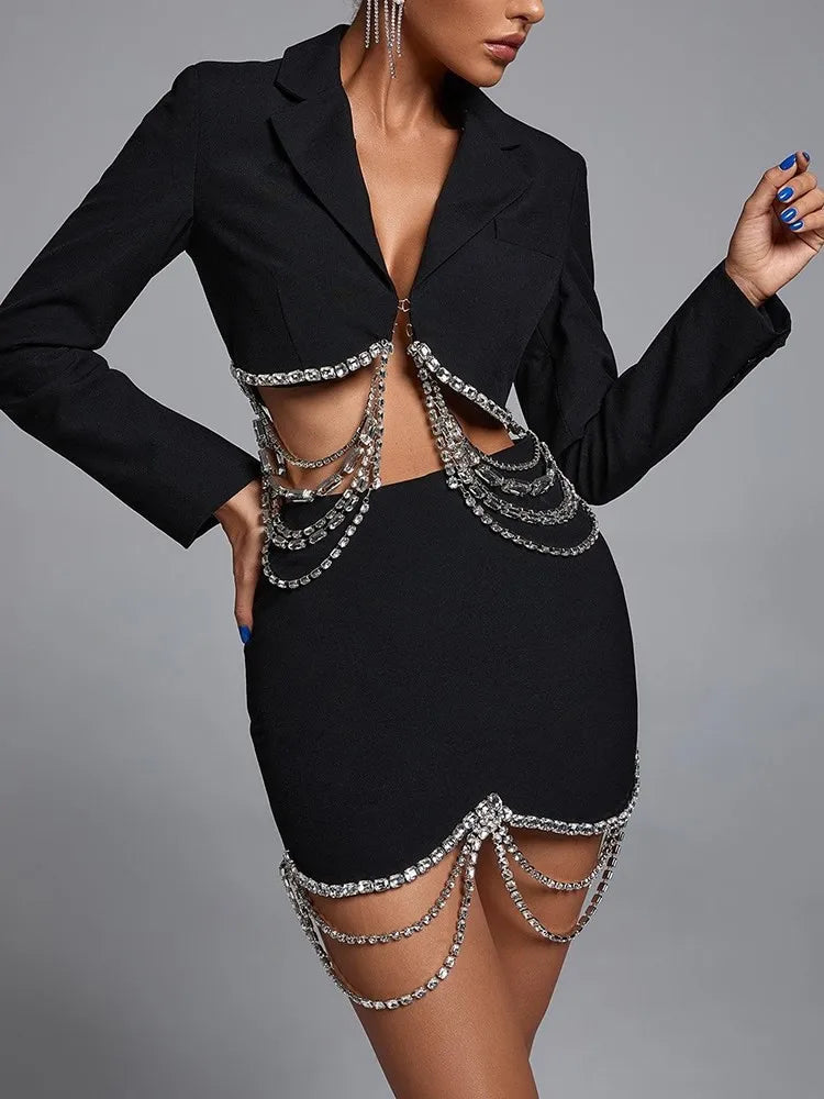 Patchwork Chain Lapel Long Sleeve Chic Blazers High Waist Mini Skirt Solid Set