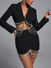 Patchwork Chain Lapel Long Sleeve Chic Blazers High Waist Mini Skirt Solid Set