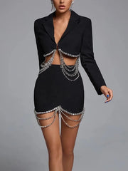 Patchwork Chain Lapel Long Sleeve Chic Blazers High Waist Mini Skirt Solid Set