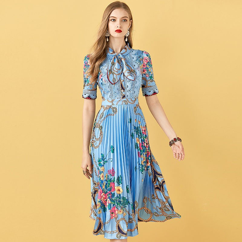 Patchwork Floral Print Pleated Midi Dress