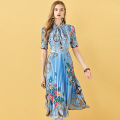 Patchwork Floral Print Pleated Midi Dress