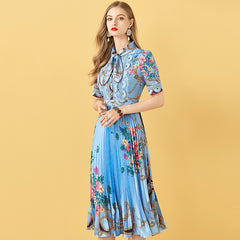 Patchwork Floral Print Pleated Midi Dress