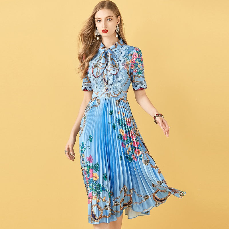 Patchwork Floral Print Pleated Midi Dress