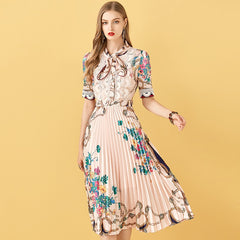 Patchwork Floral Print Pleated Midi Dress
