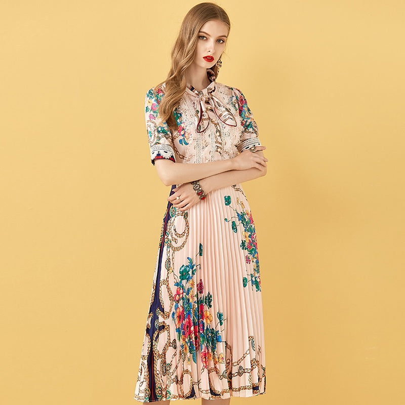 Patchwork Floral Print Pleated Midi Dress