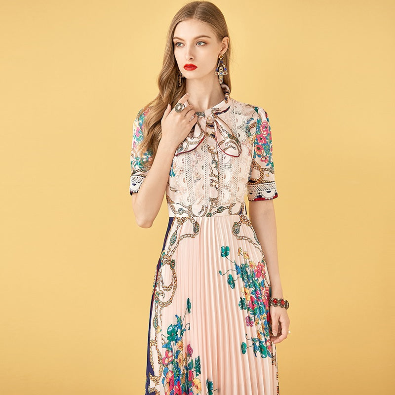 Patchwork Floral Print Pleated Midi Dress