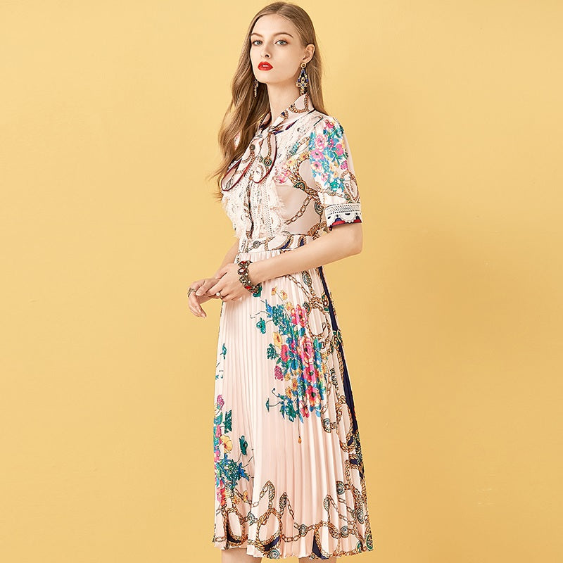 Patchwork Floral Print Pleated Midi Dress