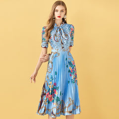 Patchwork Floral Print Pleated Midi Dress