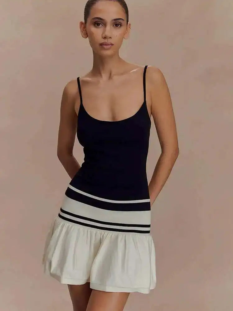 Patchwork Knit Spaghetti Strap Striped Backless Ruffles Mini Dress