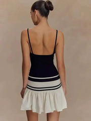 Patchwork Knit Spaghetti Strap Striped Backless Ruffles Mini Dress